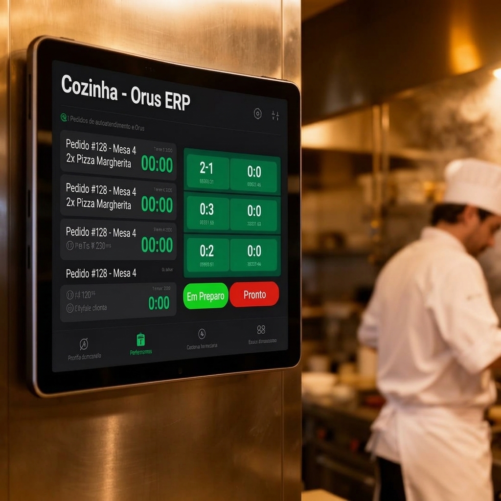 Tela de PDV e KDS do Orus ERP com integração iFood e impressão NFC-e